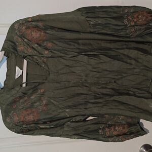 Cato Olive Green Peasant Top Blouse with Orange/Brown Accents